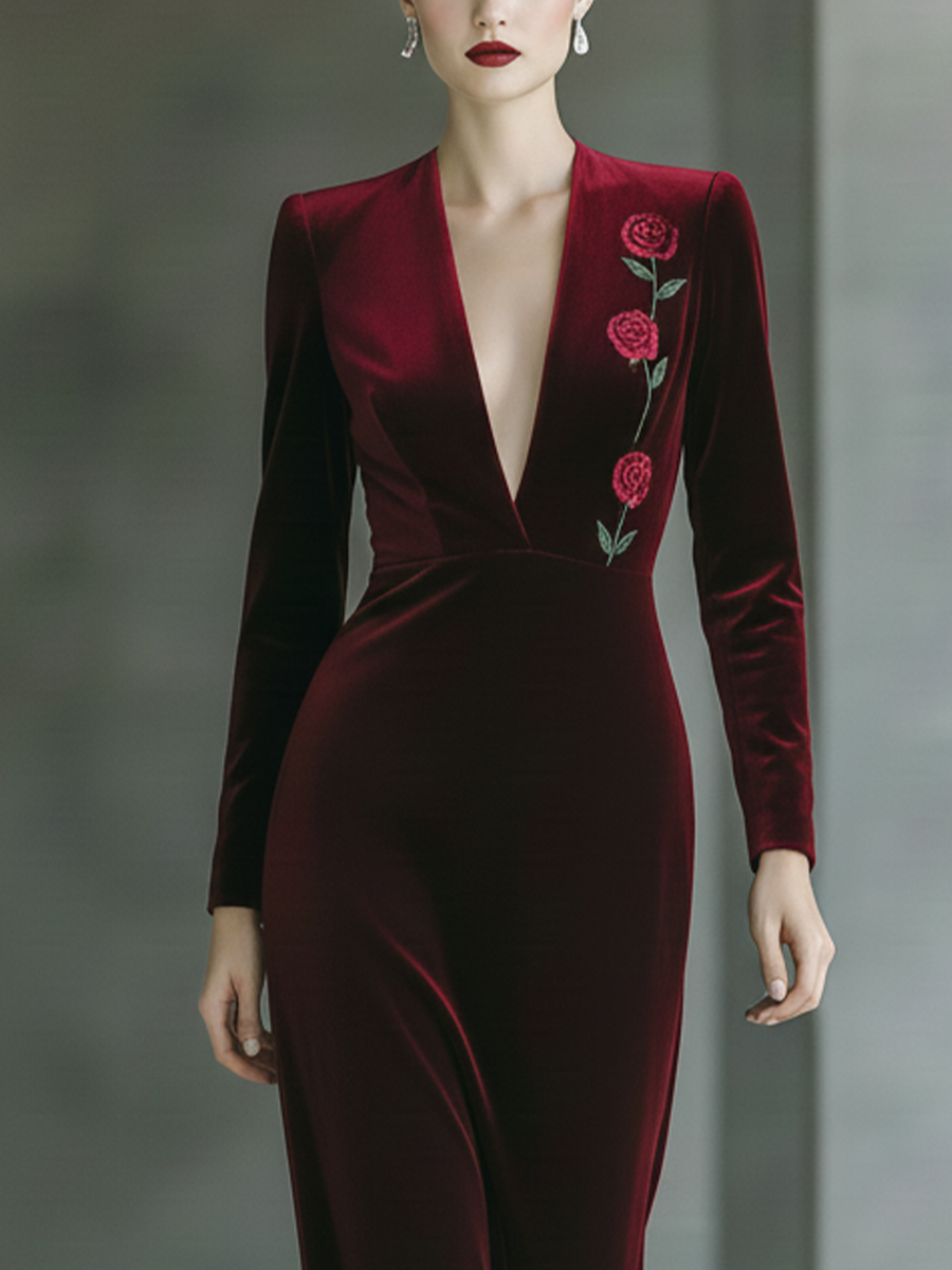 Women's Burgundy Velvet Fabric Deep V-Neck Embroidered Rose Maxi Dress MDA1275L7T