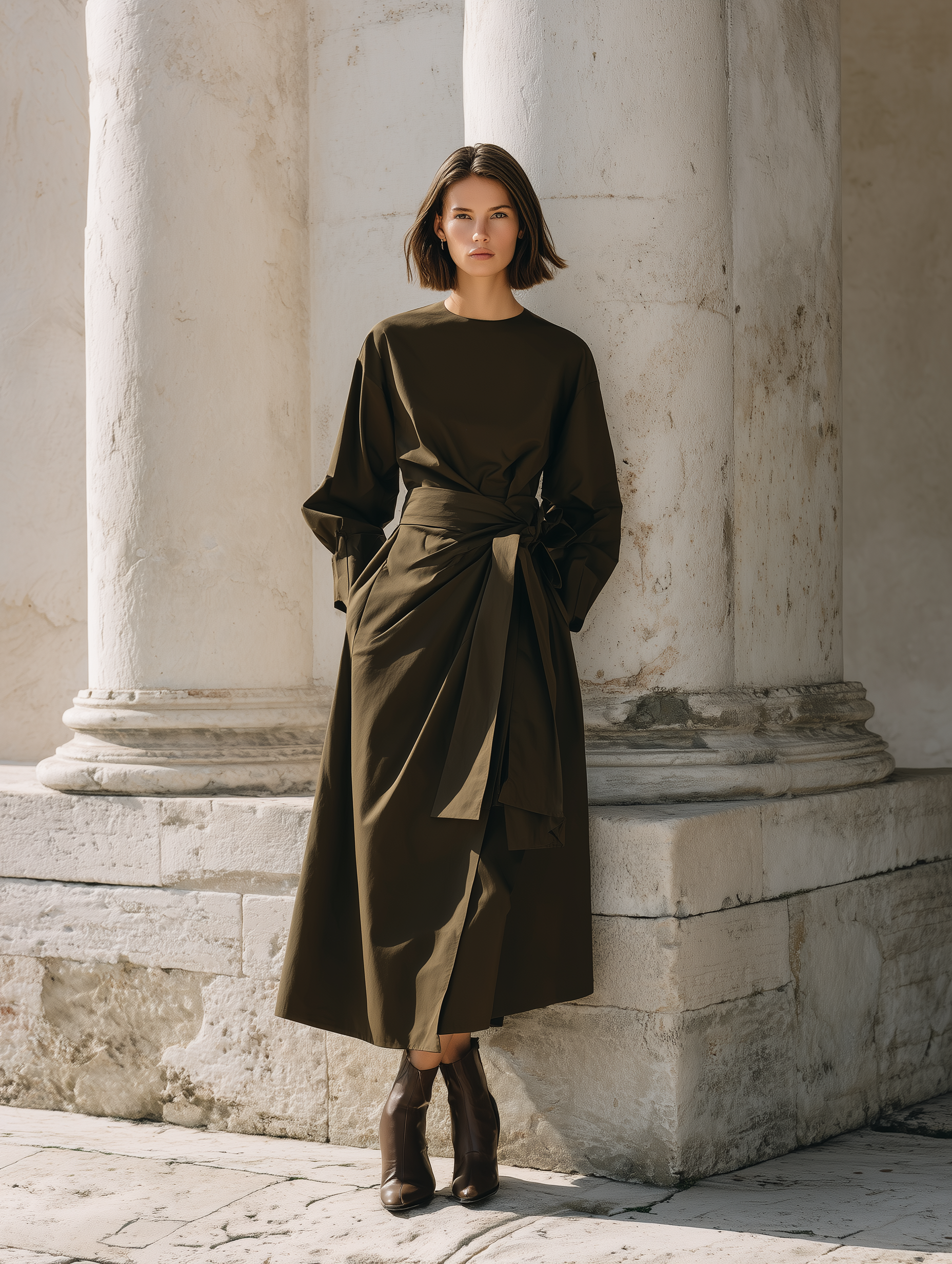 Women's Elegant Dark Green Round-neck Long-sleeved Woven Maxi Dress MDA2502L1AN