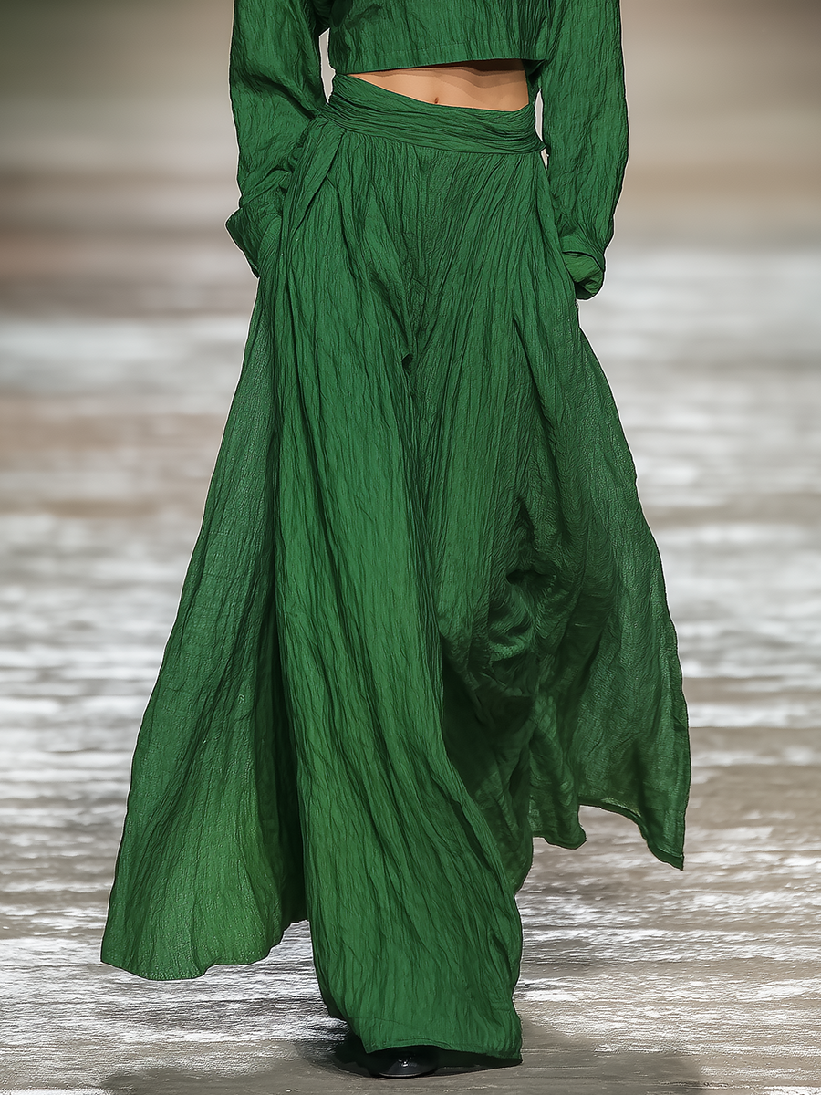 Women's Emerald Green Pleated Cotton Blend Turtleneck Two-Piece Set MDA0485L6T