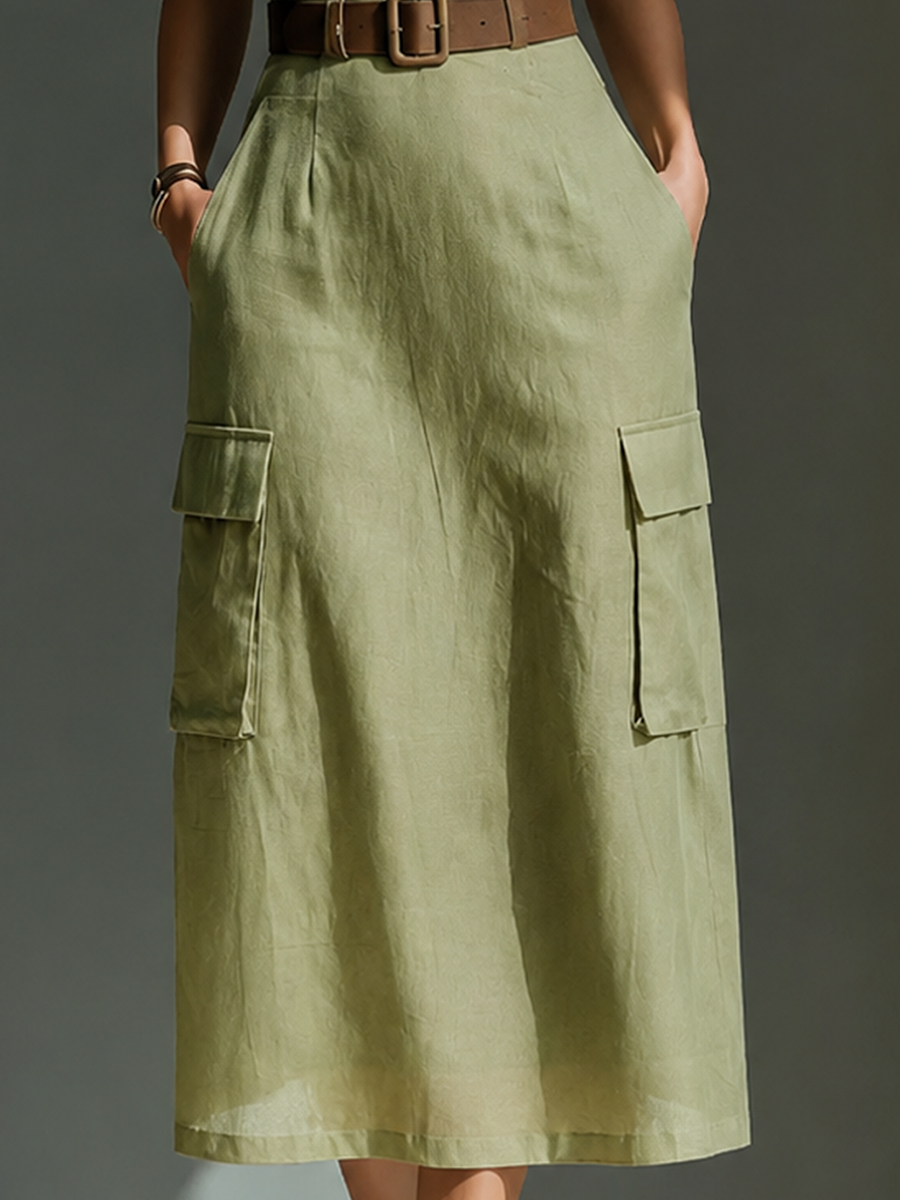 Women's Olive Green Linen Fabric Sleeveless Midi Dress With Cargo Pock – Modesees