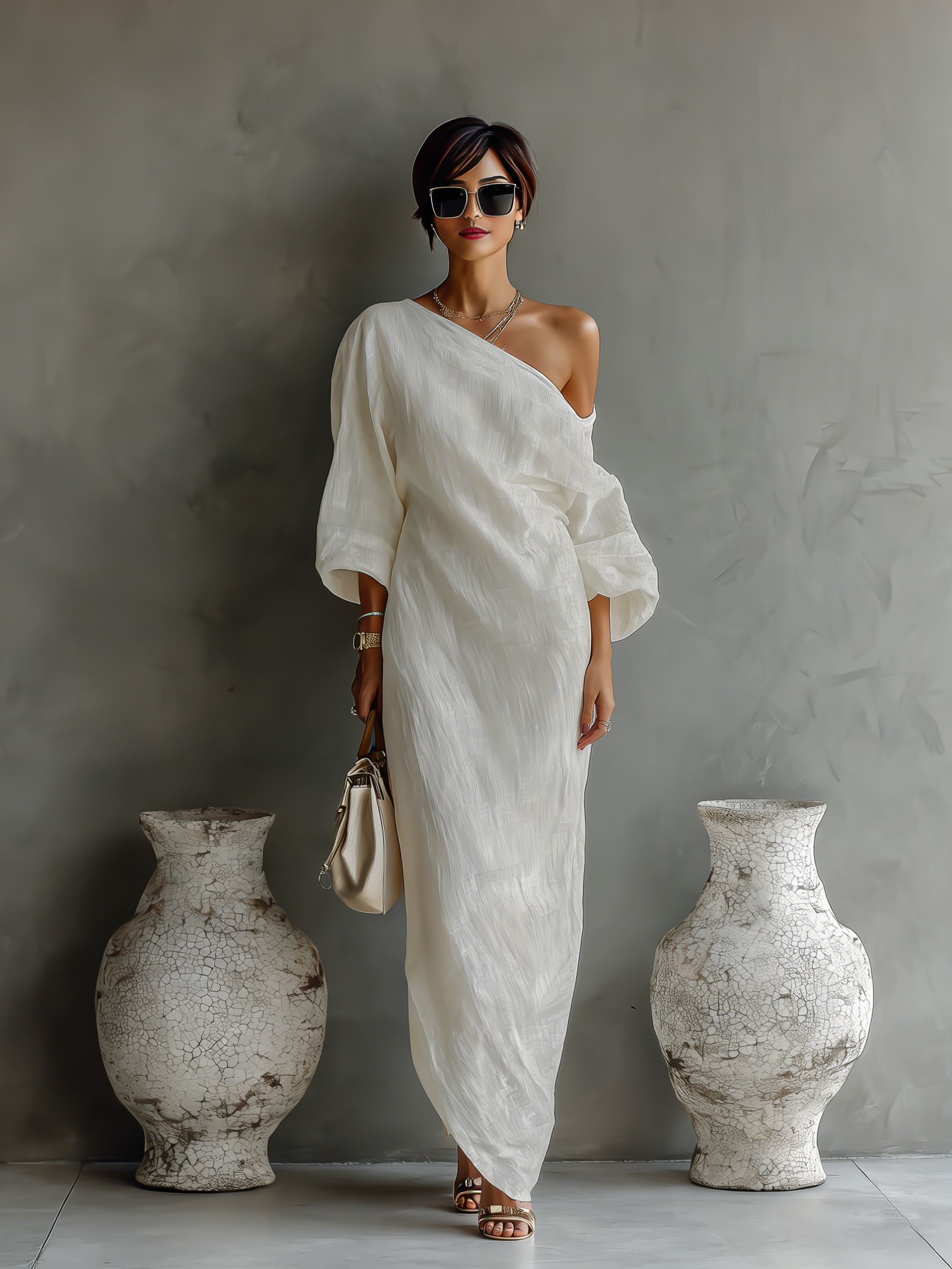 Women's Ivory White Cotton-Linen Blend One-Shoulder Flowing Elegant Dress MDA3032K4T