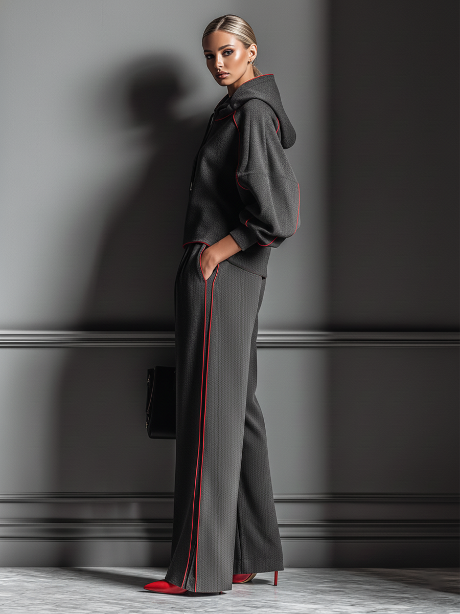 Women's Dark Gray Air Layer Red Contrasting Edge Hooded Sweatshirt And Straight Pants Set MDA1635J7T