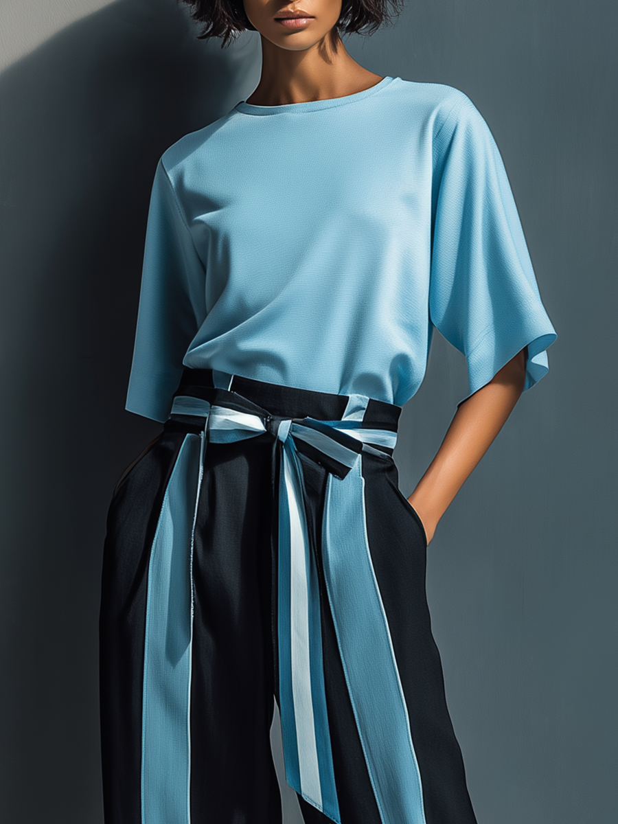 Women's Chiffon Colorblock Wide-Leg Pants Set MDA2442G7T