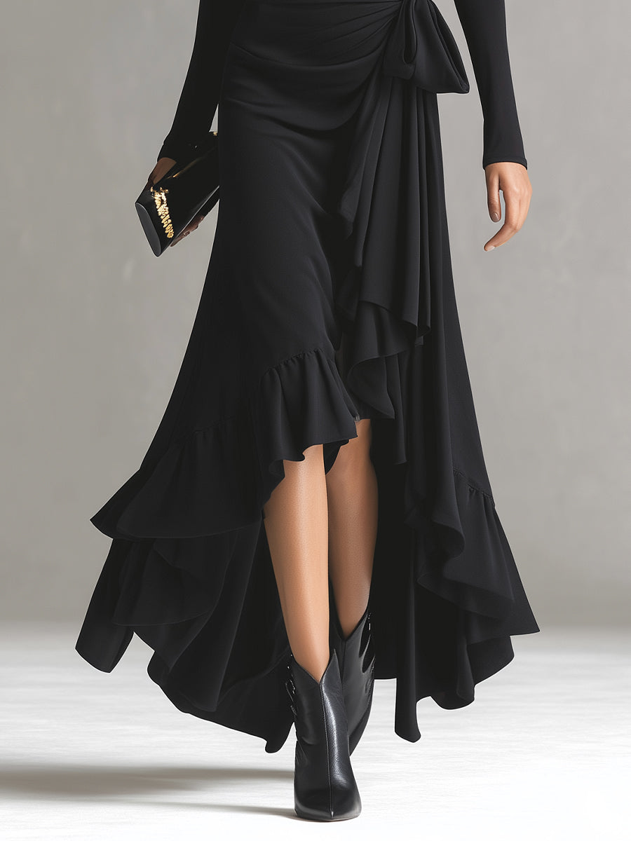 Women's Black Silky Cotton-Blend Dress With Off-the-Shoulder Neck & Ruffled Hem, Glamorous Evening Maxi Dress MDA0832L4I