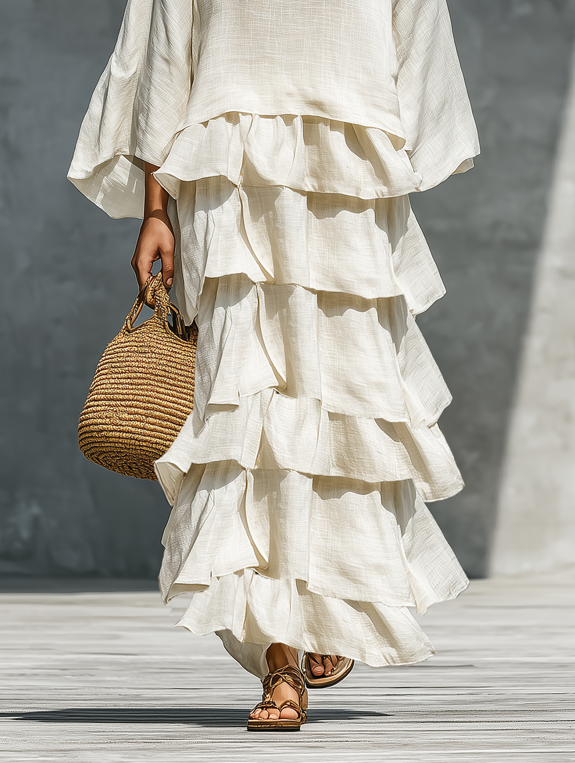 Women's Linen Blend Multi-layered Ruffle Straight-cut Maxi Dress MDA1673L8Y