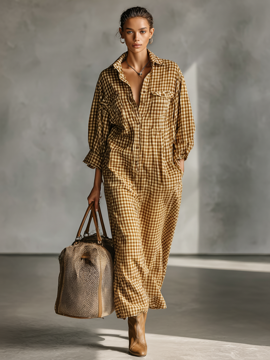 Women's Minimalist Plaid Button-down Lapel Maxi Dress MDA1636J0Y