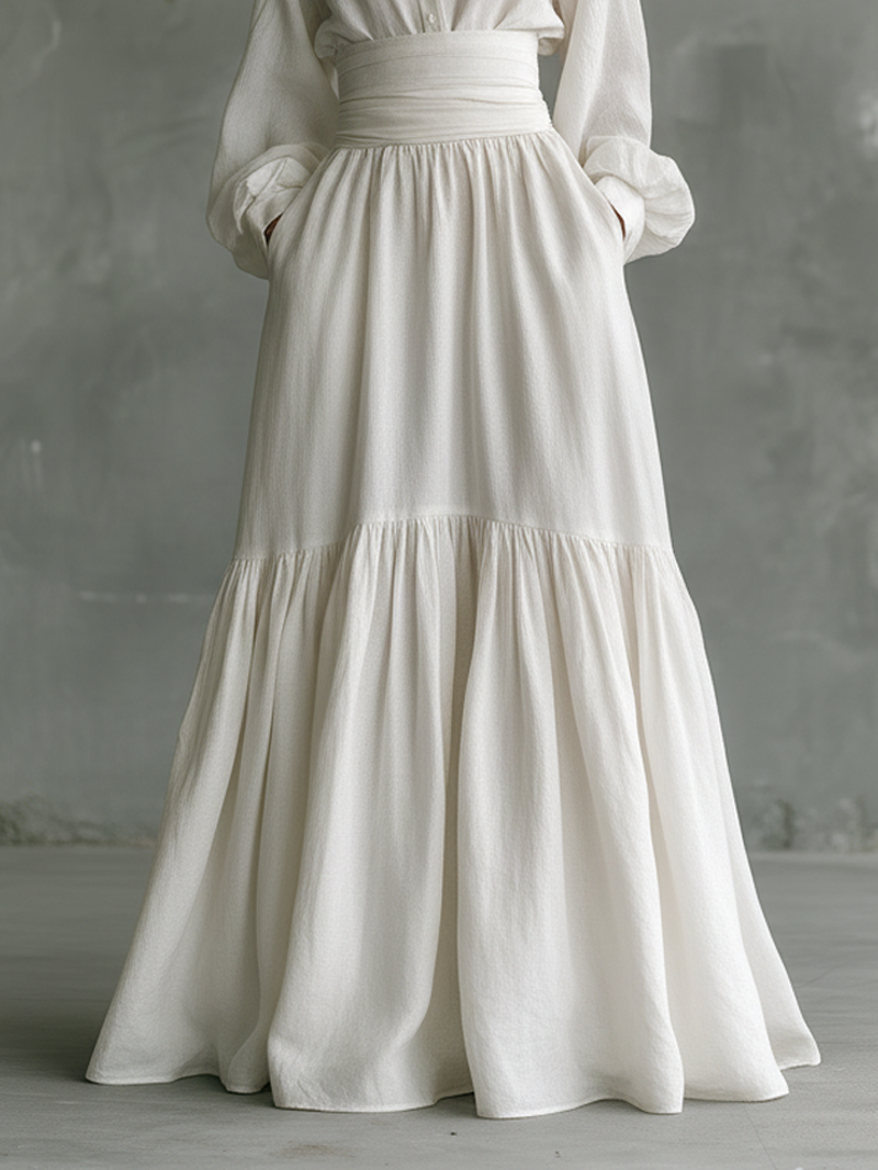 Women's Cotton-linen Blend Stand-up Collar Long-sleeved Shirt And High-waisted Floor-length Skirt Set MDA0603K6Y