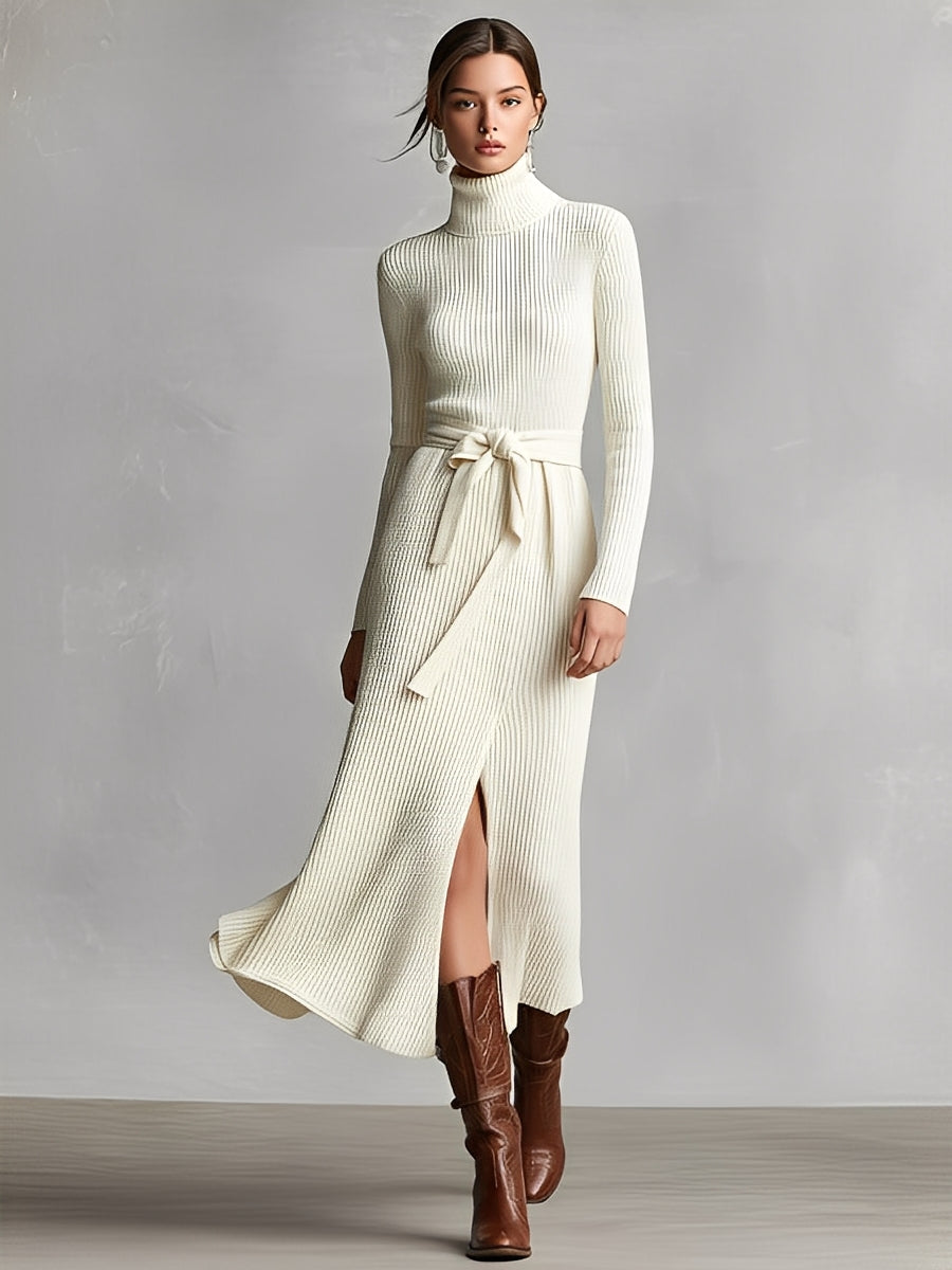 Women's Cream Rib-Knit Elegant Midi Dress With Turtleneck & Tie-Waist, Sophisticated Casual Dress MDA3040J9I