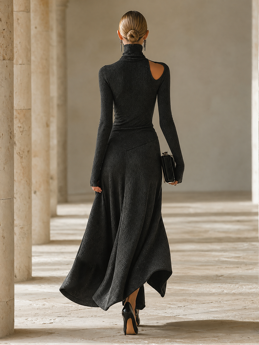 Women's Elegant Ribbed Cut‑Out Long Sleeve Maxi Dress MDZ1090H6LYL