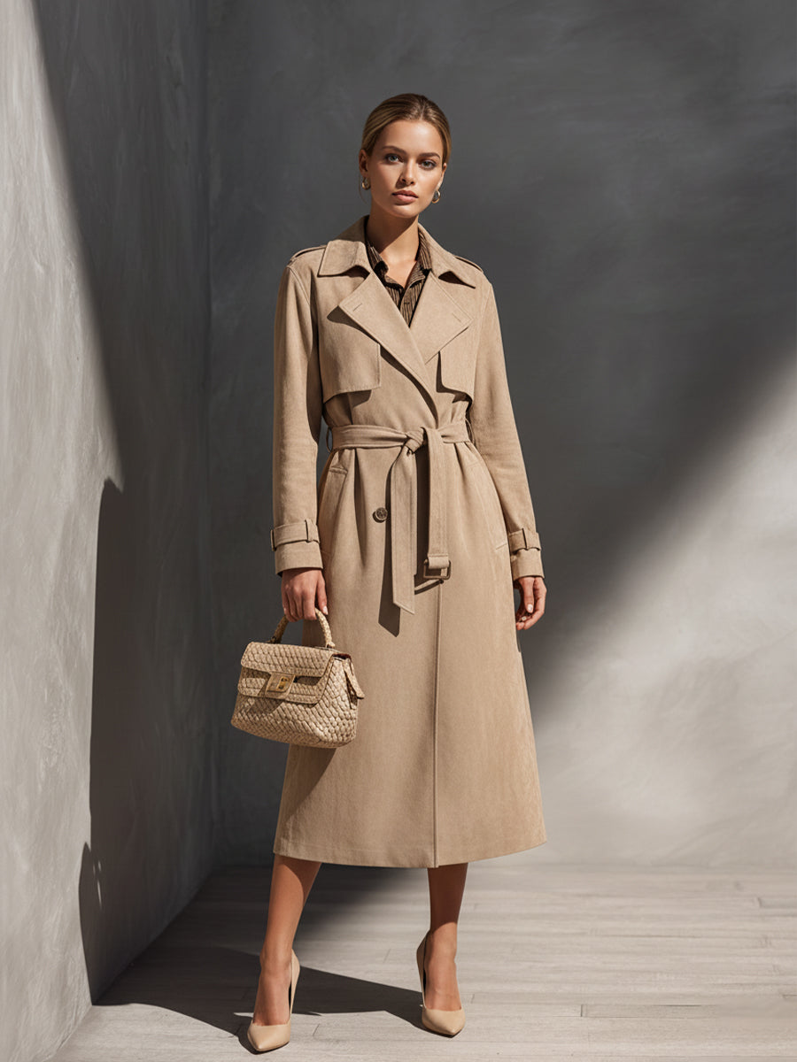 Women's Beige Tailored Trench Coat With Double-Breasted Style & Waist Belt, Timeless Elegance MDA2291J1I