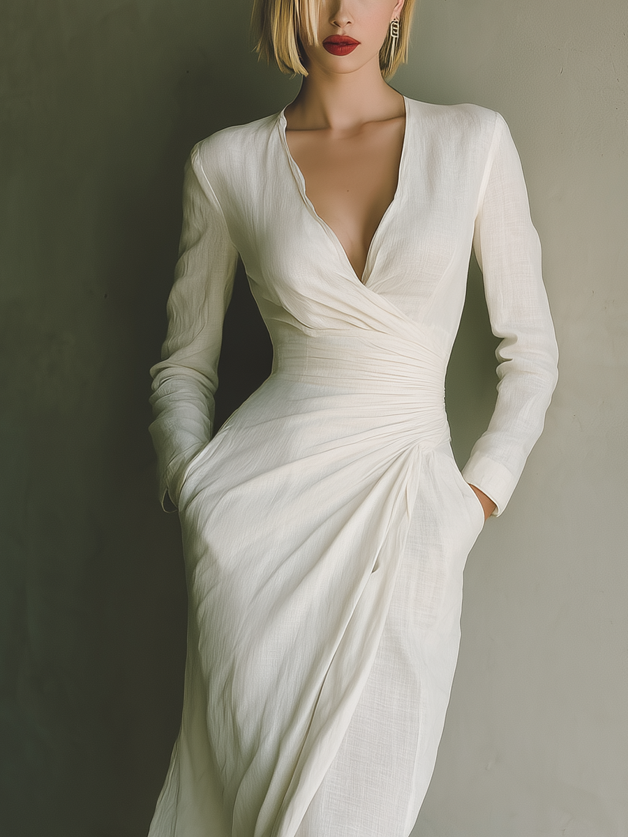 Women's Ivory Linen Fabric Deep-V Wrap Midi Dress MDA2366L7T