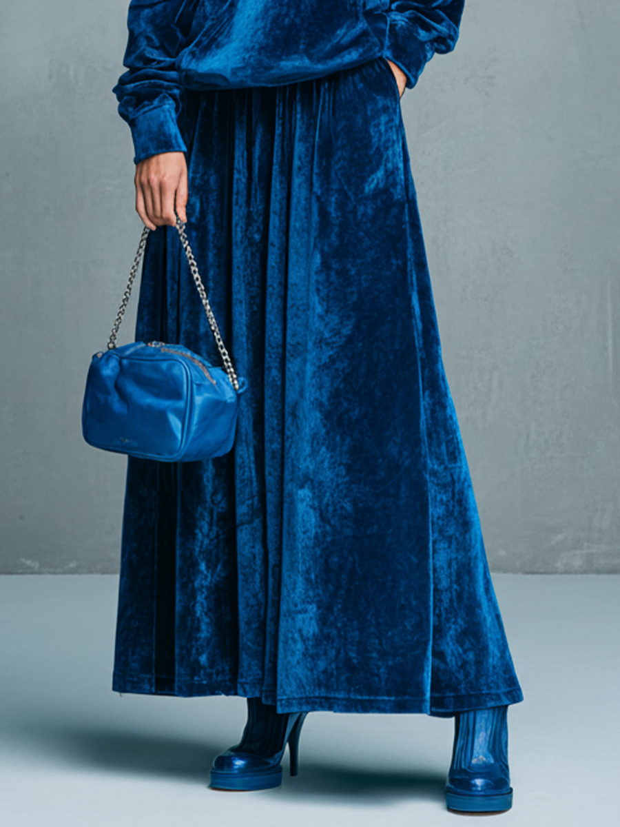 Women's Royal Blue Soft Velvet Fabric Hooded Sweatshirt & Pleated Maxi Skirt Set MDA1748L2T