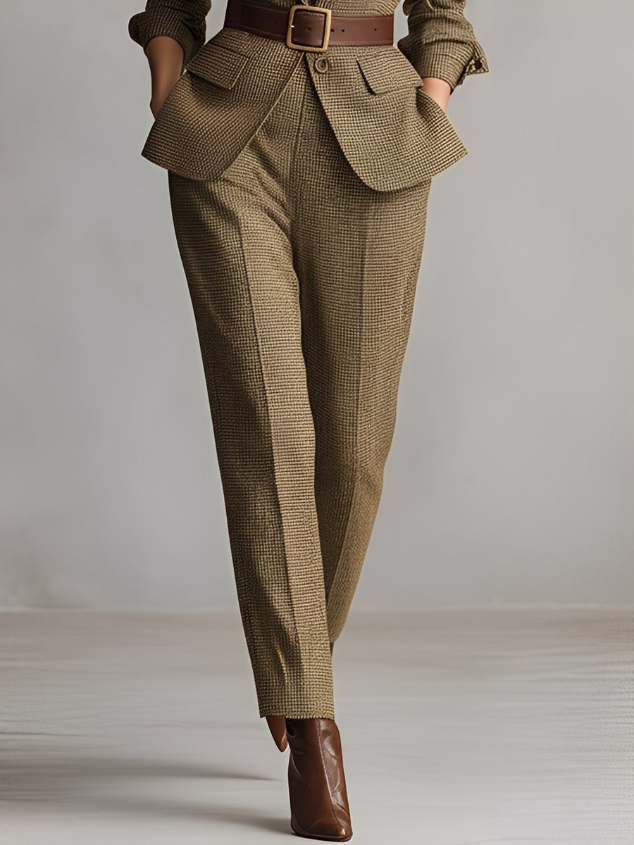 Women's Taupe Textured Material Sophisticated Belted Blazer Pant Set (Inner Layer & Belt Not Included) MDA2180K7I