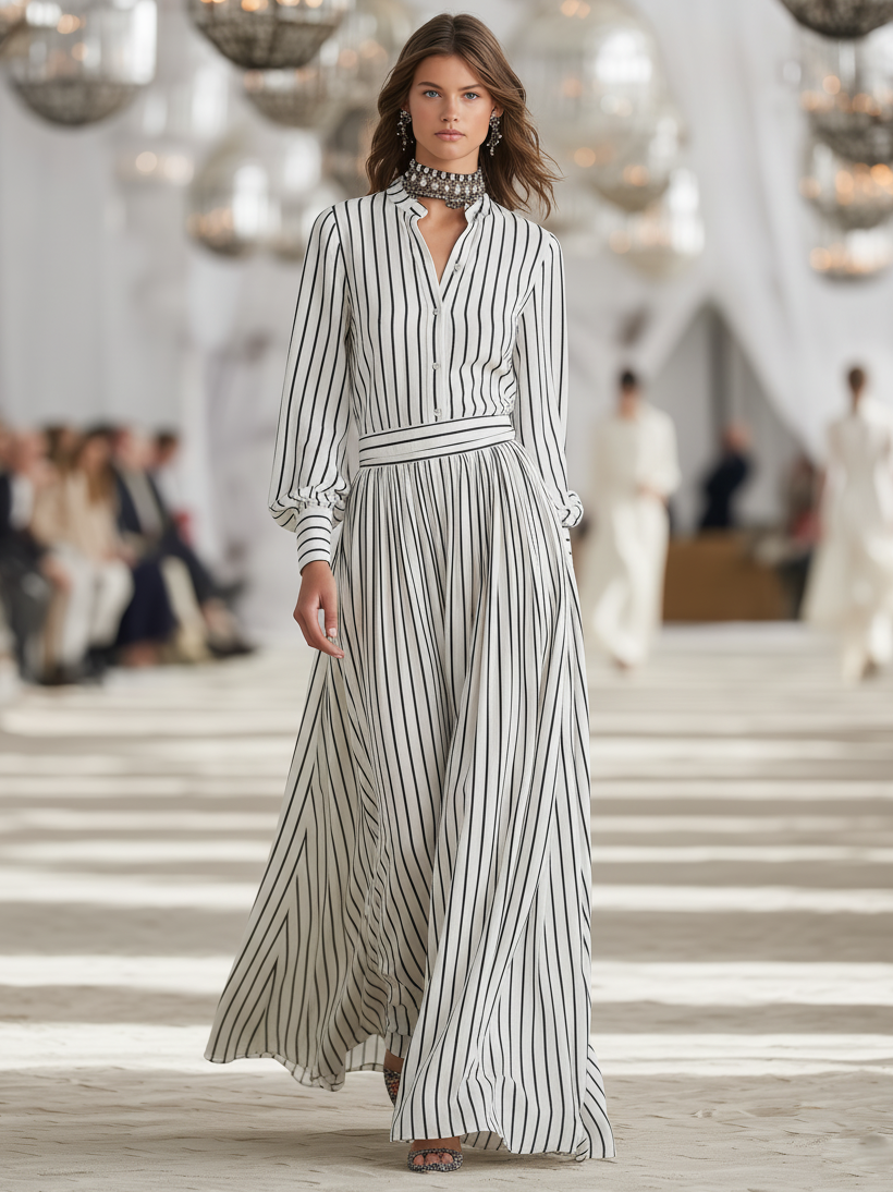 Women's Minimalist Striped Stand-collar Shirt And Skirt Set MDA1445K8Y