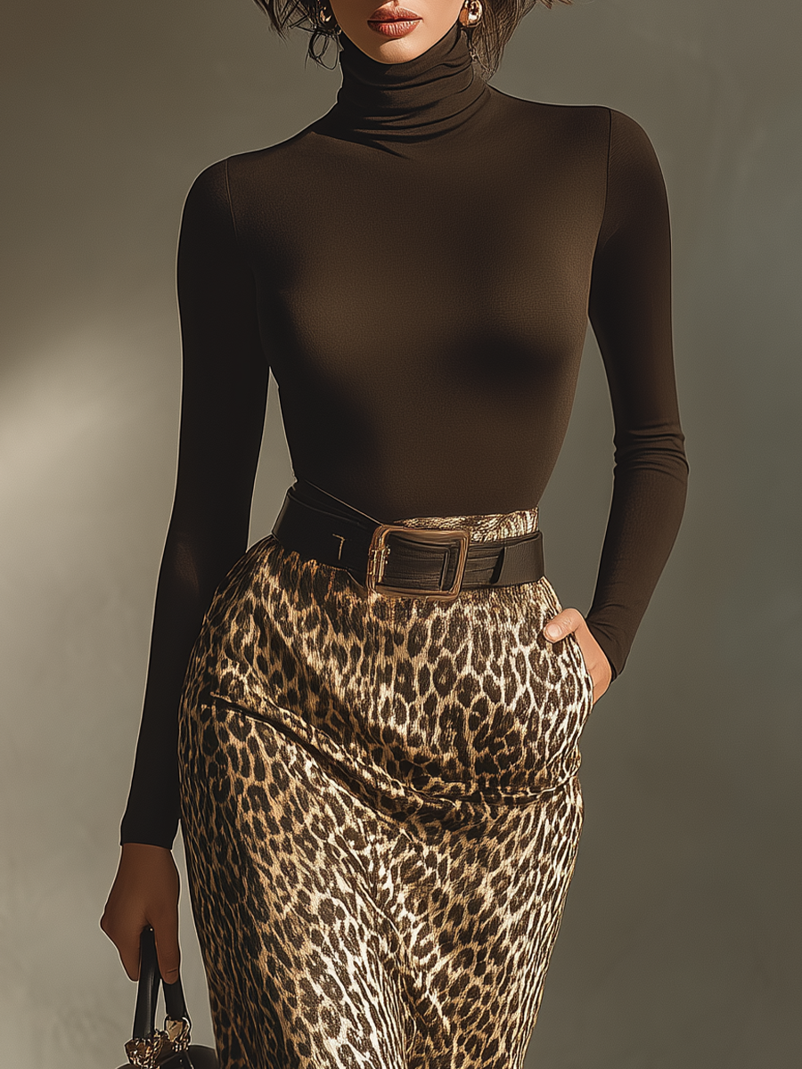 Women's Blended Dark Brown Slim-Fit Top and Leopard Print Skirt Set (Without Belt) MDA0420H7T