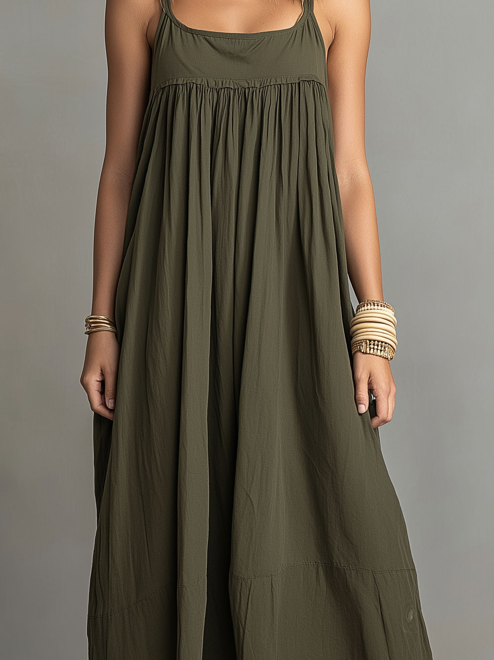 Women's Minimalist Olive Green Cotton Linen Sleeveless Loose-fitting Long Dress MDZ2512B0AN