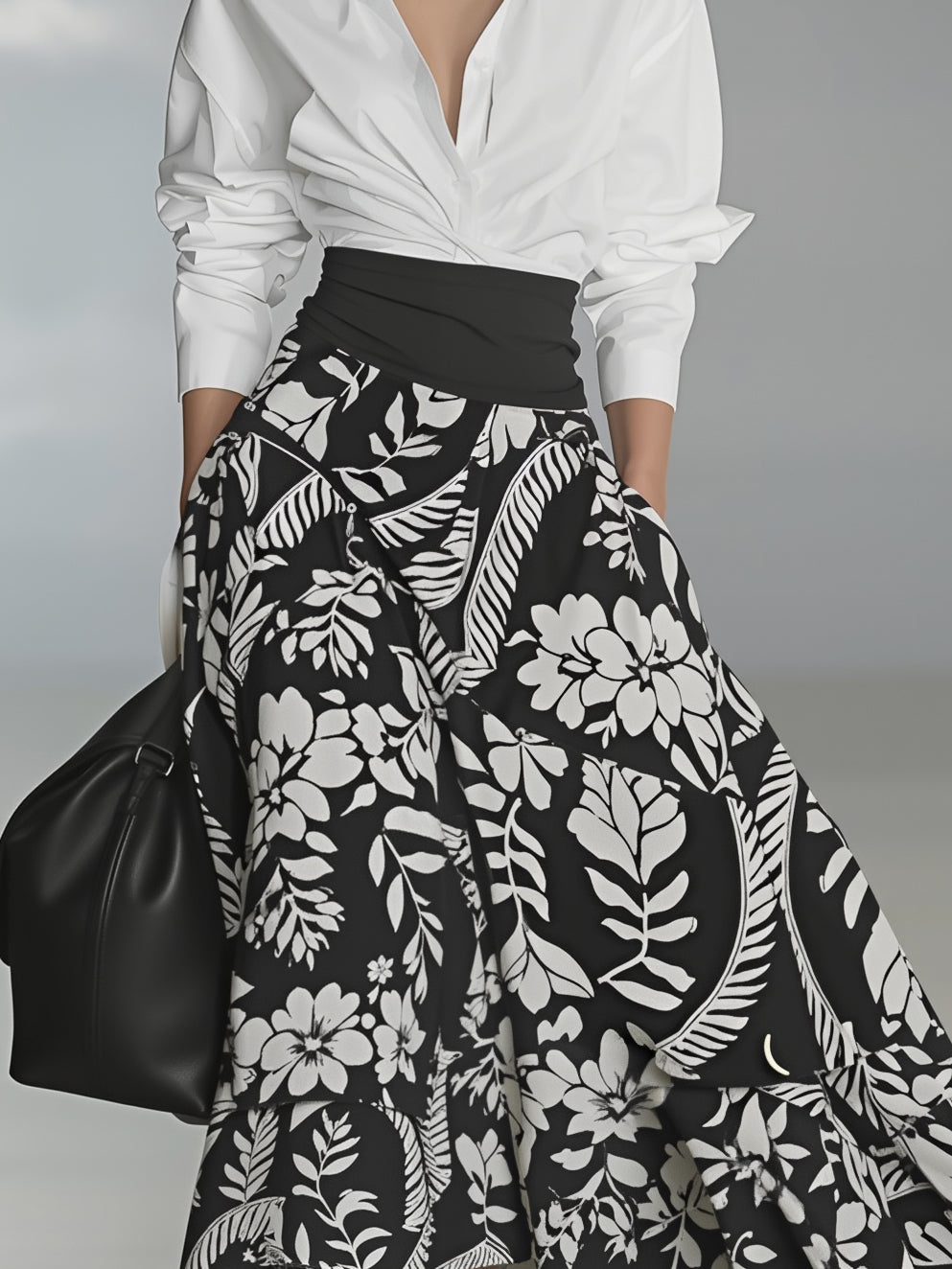 Women's Fashionable And Elegant White Long-sleeved Short-sleeved Pleated Shirt Paired With A Single-thread Bamboo-joint Linen Black And White Patterned Printed Midi Skirt MDA2108K6AN