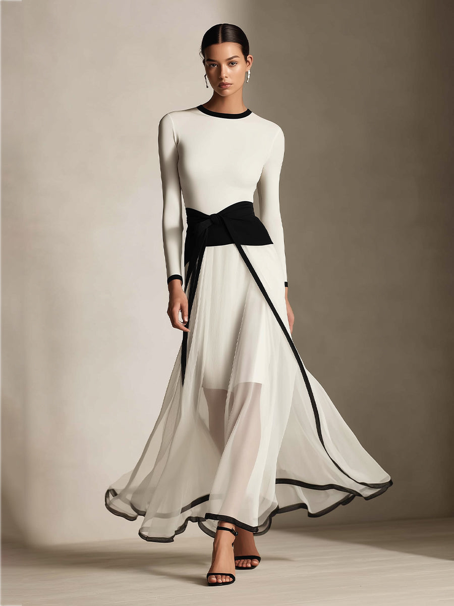 Women's Black And White Contrast Detachable Bow Chiffon Maxi Dress MDA1644L7I