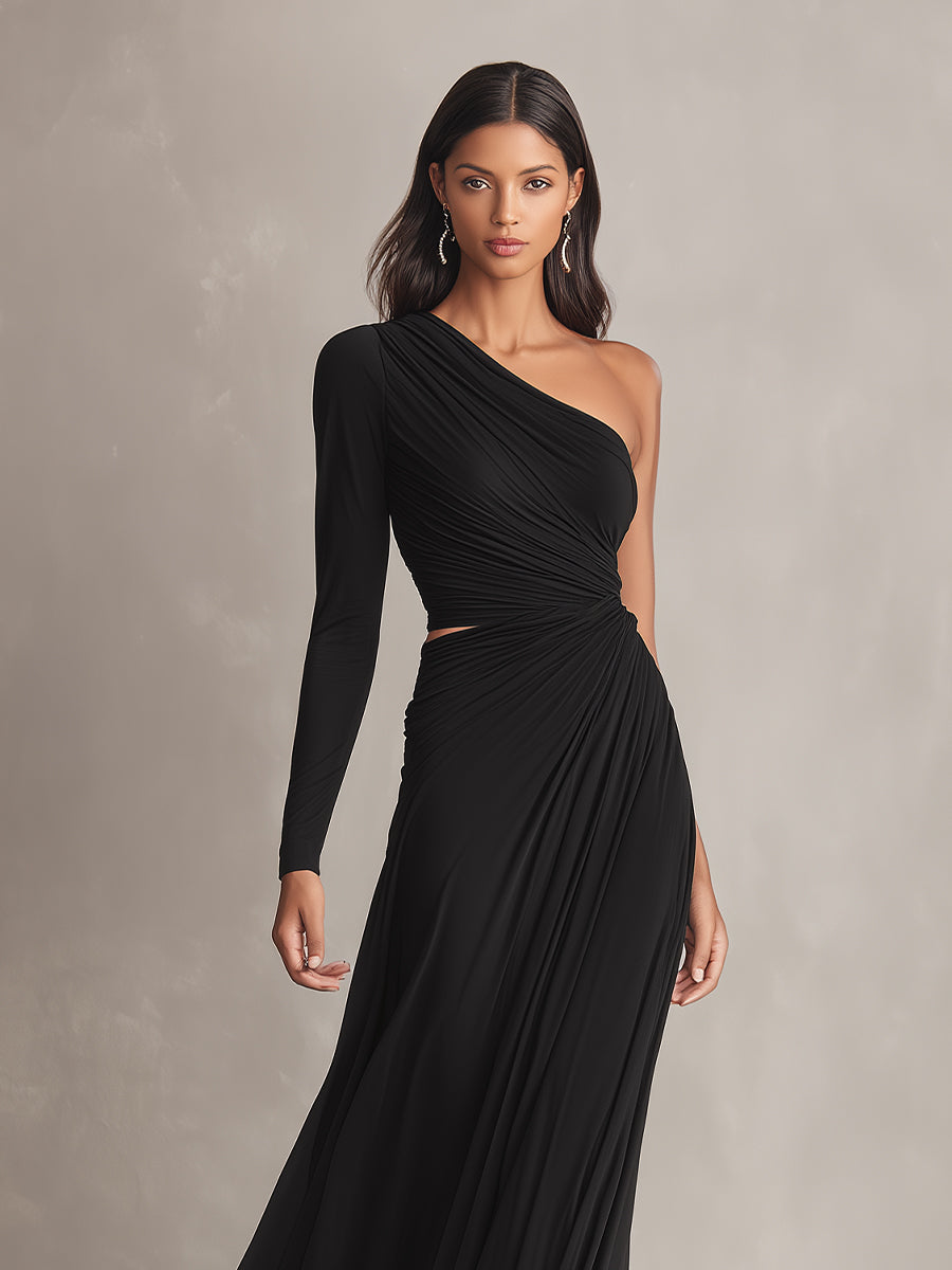 Women's Black Stretch Knit Dress With One-Shoulder Design & Cutout Detail, Timeless Sleek-Sexy Style Dress MDZ0987A0I