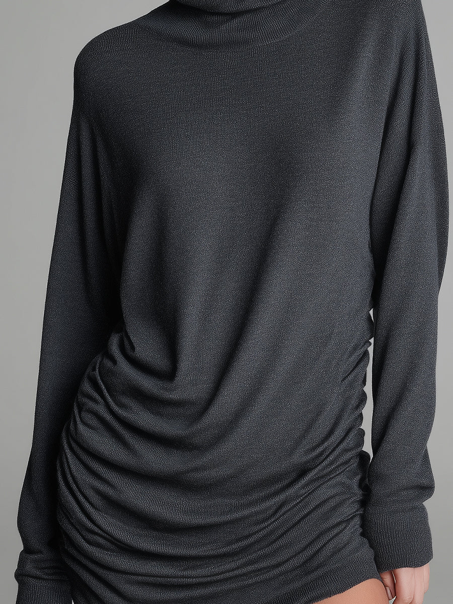 Women's Charcoal Knitted Casual-Chic Mini Dress With Turtleneck & Ruched Detailing, Effortless Street Style Mini Dress MDA3083J6I
