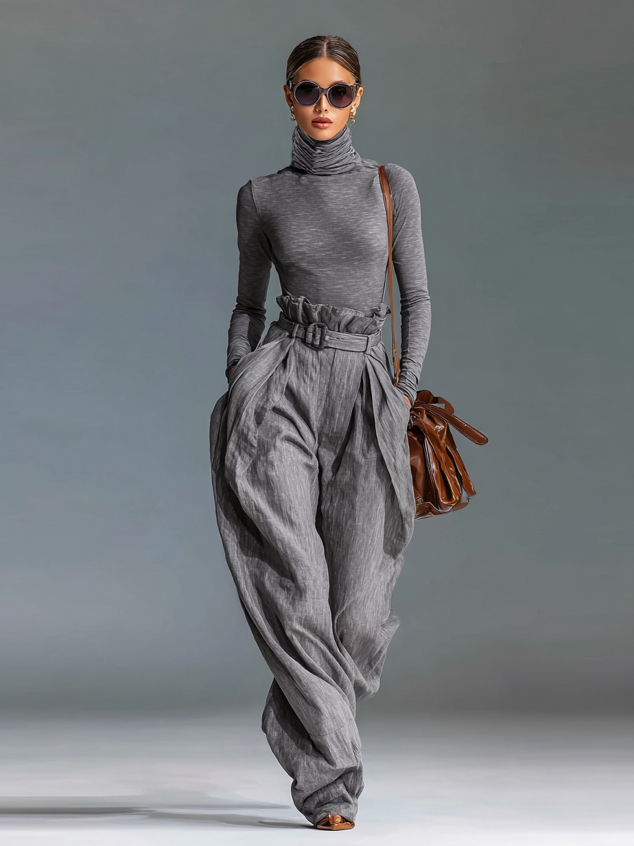 Women's Fashion Turtleneck Tight T-shirt Wide-leg Belt Pants Two-piece Set MDA3036G5Y