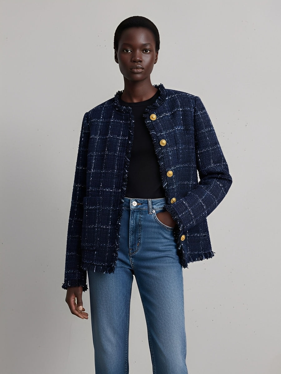 Women's Navy Elegant Tweed Fringe - Trimmed Button - Front Jacket MDA2622I1I