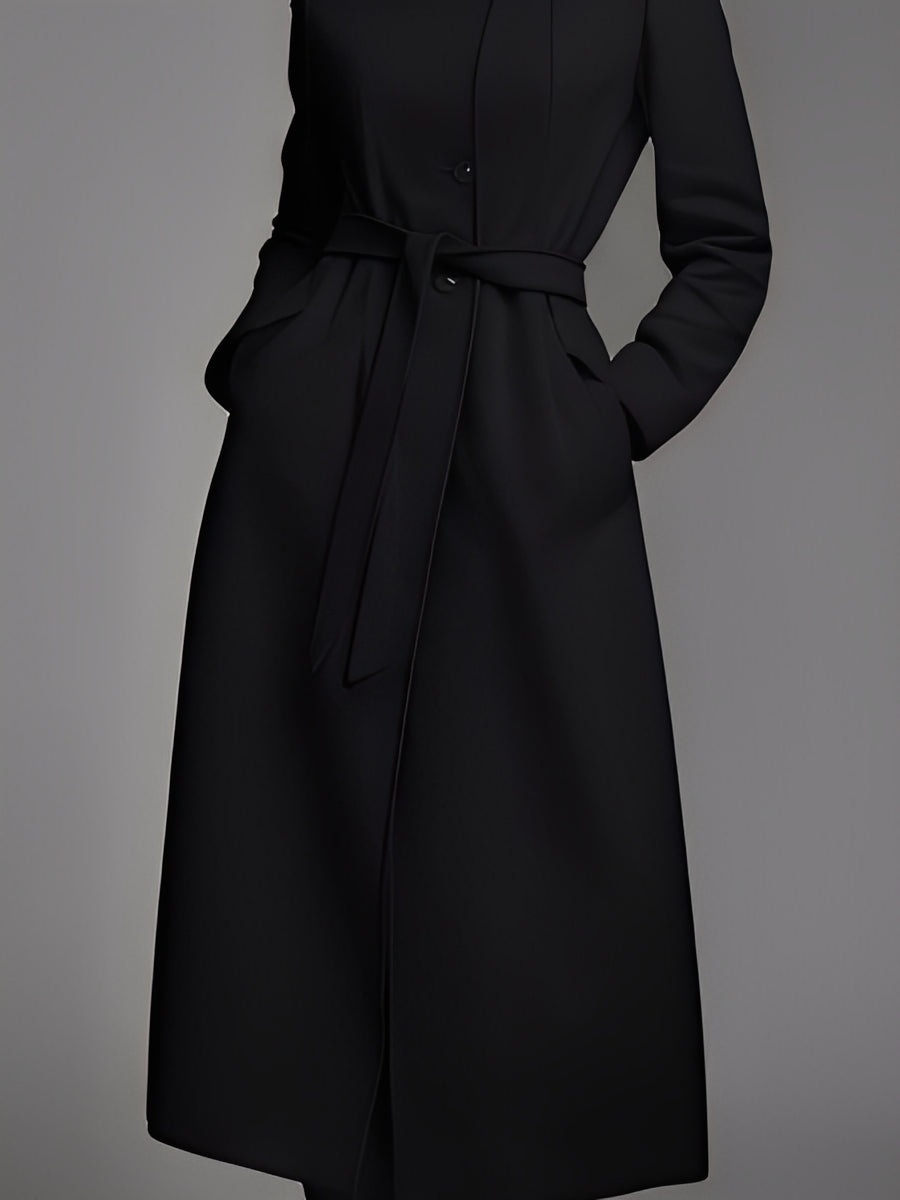 Women's Black Elegant Wool - Blend Stand - Collar Belted Maxi Coat MDA1064J6I