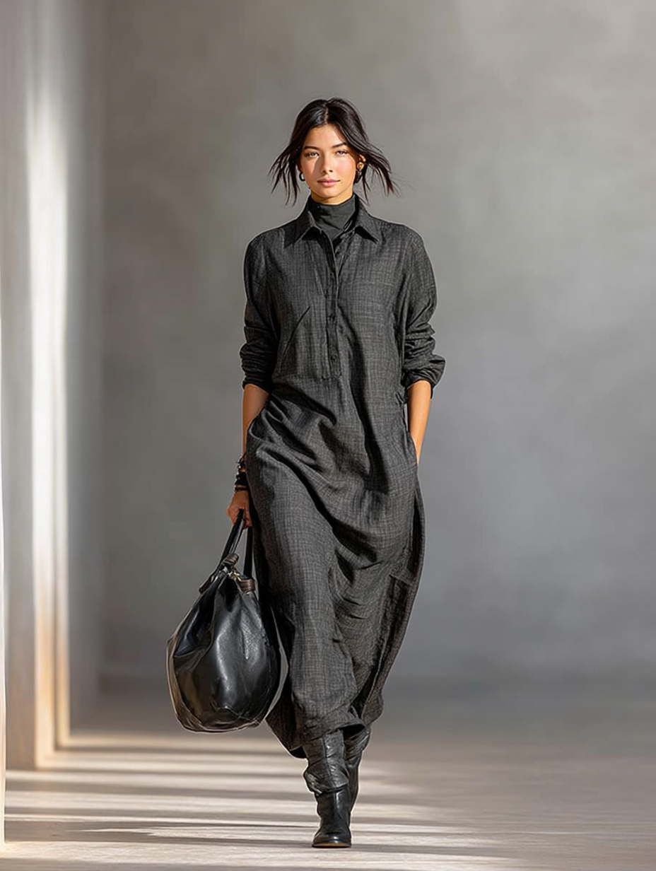 Women's Minimalist Cotton And Linen Shirt Collar Long Sleeve Maxi Dress MDA0564I5Y