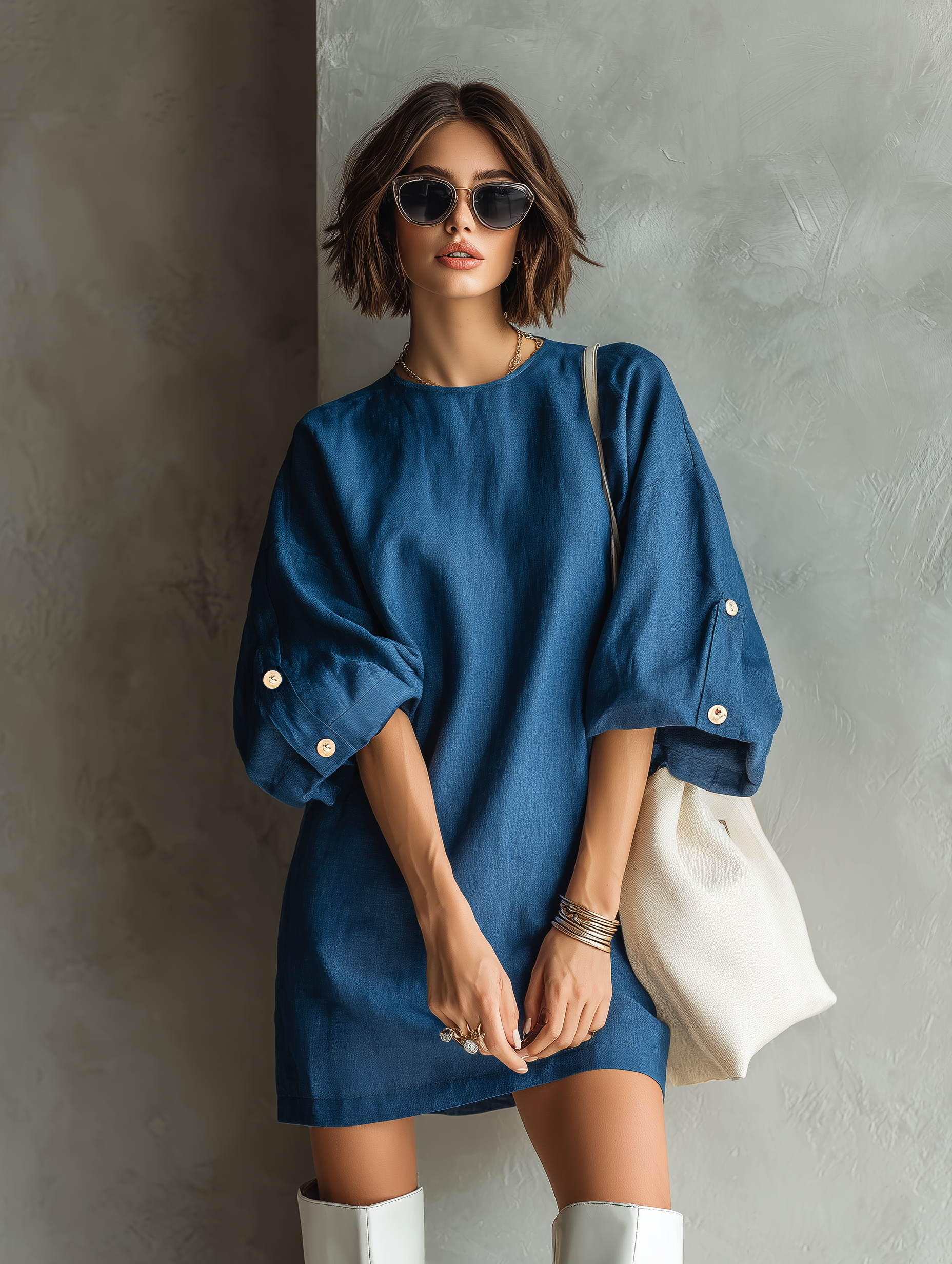 Women's Minimalist Loose-fitting Linen Blend Mid-sleeved Mini Dress MDA2341L0Y