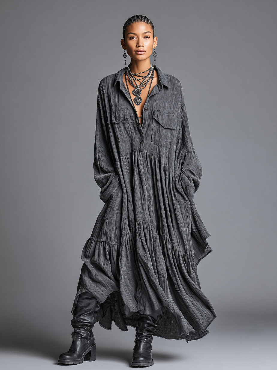 Women's Cotton And Linen Blend Loose Washed Shirt Maxi Dress MDA0486H7Y