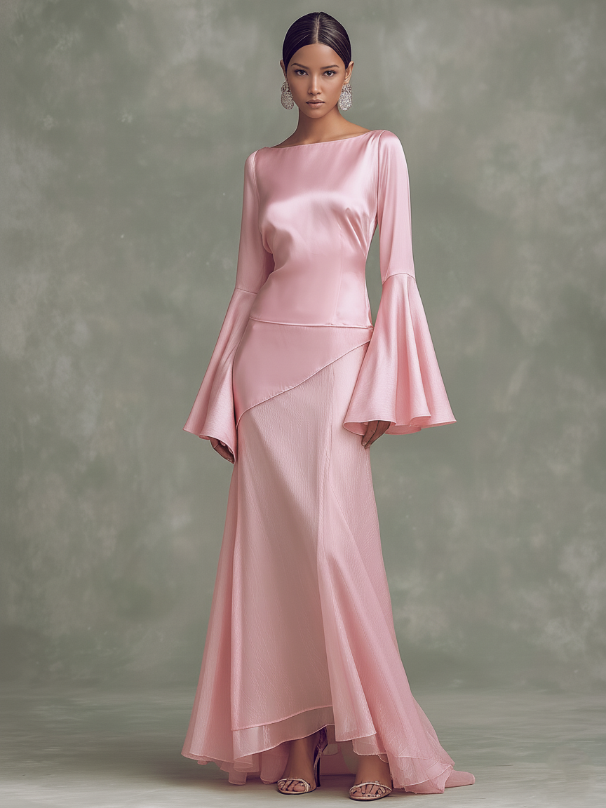 Women's Minimalist Satin And Chiffon Patchwork Maxi Dress MDA0193L8Y