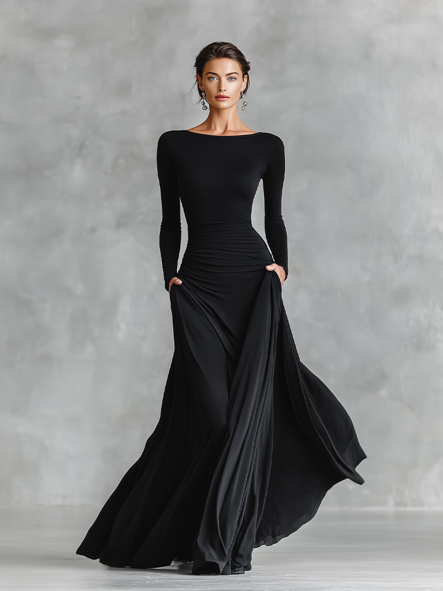 Women's Black Modern Crepe Ruched Boat - Neck Maxi Dress MDA1472J7I