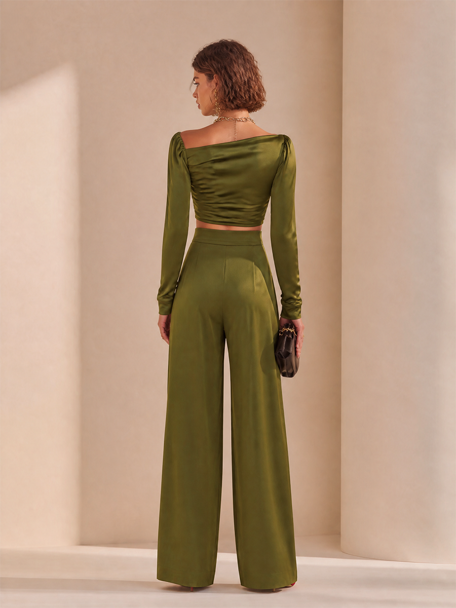 Women's Elegant Asymmetric-Neck Ruched Long-Sleeve Cropped Top & High-Waisted Wide-Leg Trouser Set MDZ1785H8CMX