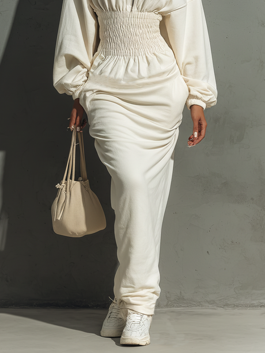 Women's Minimalist Waist Shirring Hooded Sweatshirt Maxi Dress MDA1965L4Y