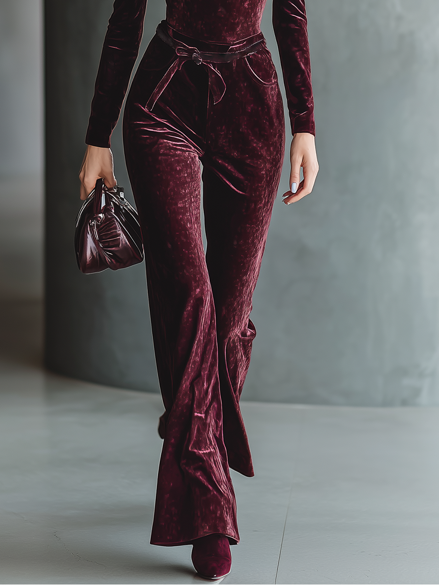 Women's Burgundy Velvet Square Neck Top And Flared Pants Set MDA2786J7T