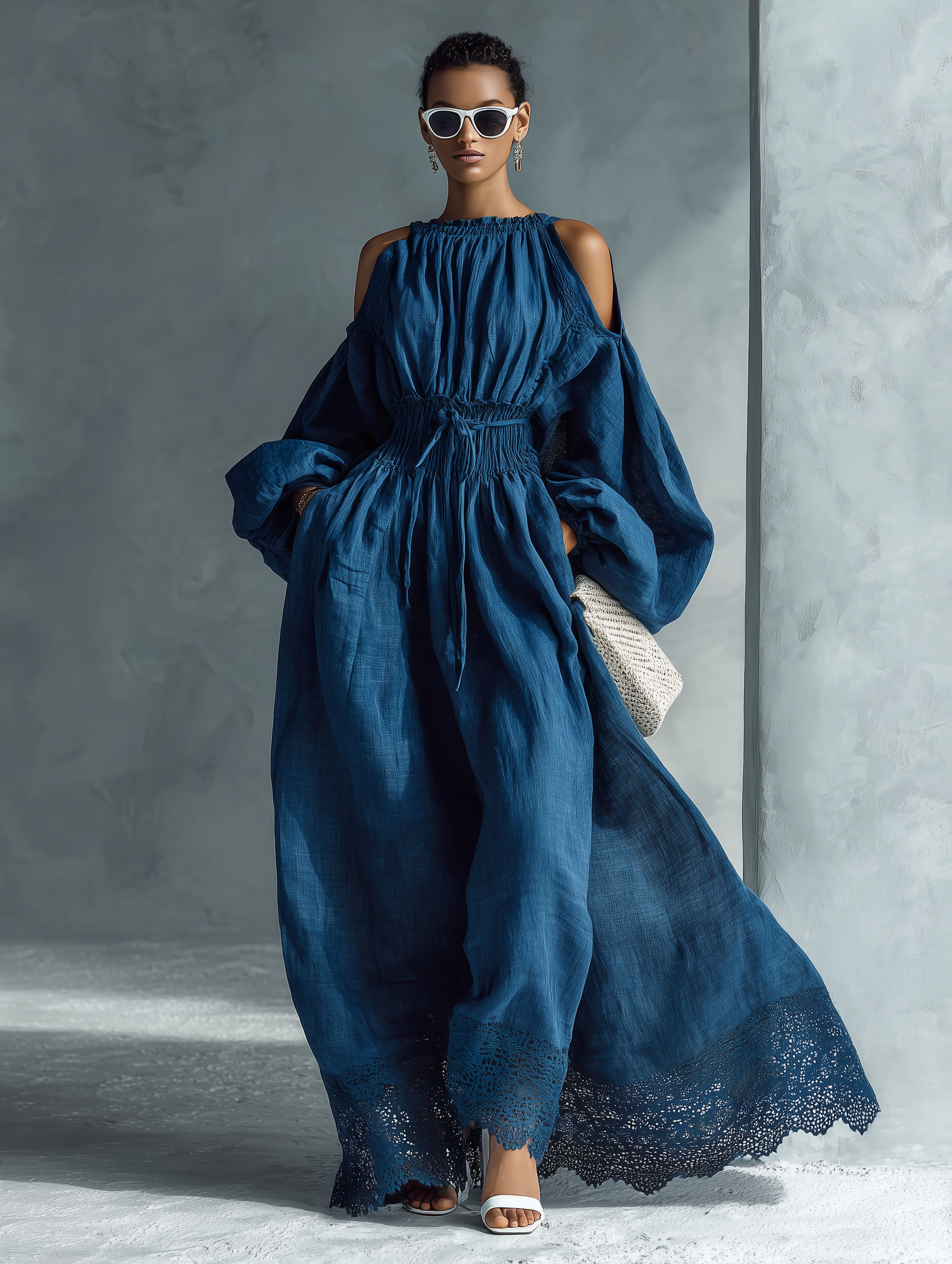 Women's Linen Blend Shoulder Cutouts And Lace Hem Maxi Dress MDA1875L8Y