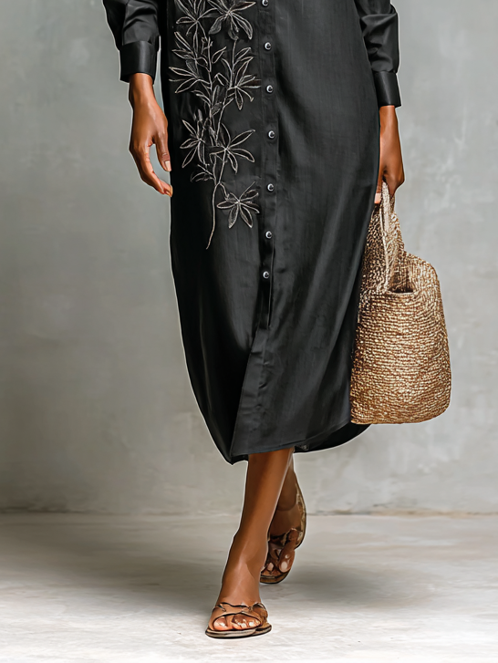 Women's Leaf Embroidered Long Sleeve Shirt Midi Dress MDA1411H5Y