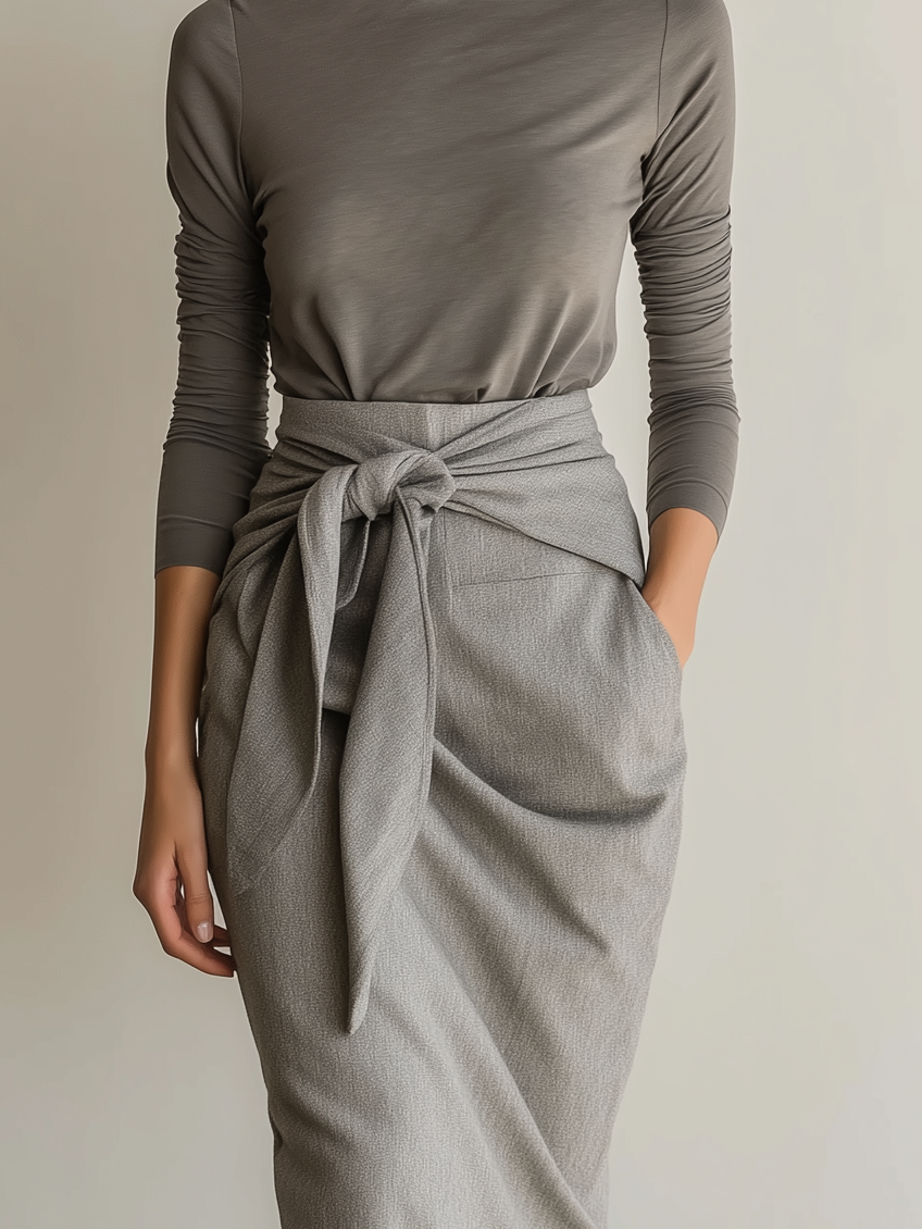 Women's Stylish, Casual, And Sophisticated Gray Long-sleeved Stretch Knit Top Paired With A Gray Midi Skirt, Featuring A Waist Tie MDA2511K1AN