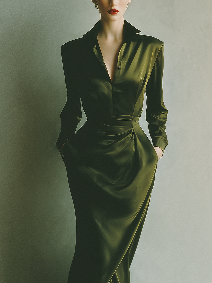 Women's Olive Green Satin Collared Fitted Midi Dress MDA2948K4T