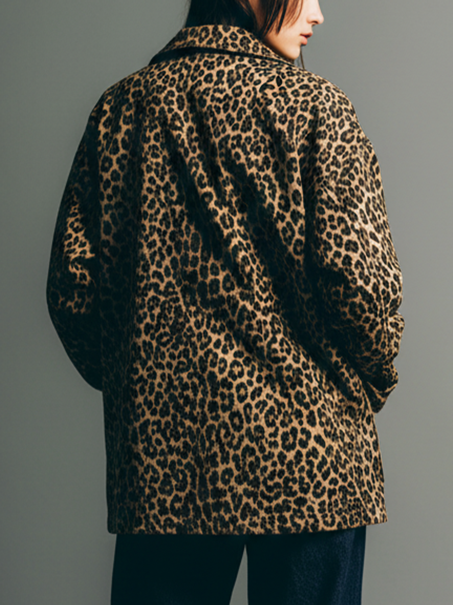 Women's Brown Leopard Print Cotton Blend Multi-Pocket Loose-Fitting Jacket MDA1472K5T