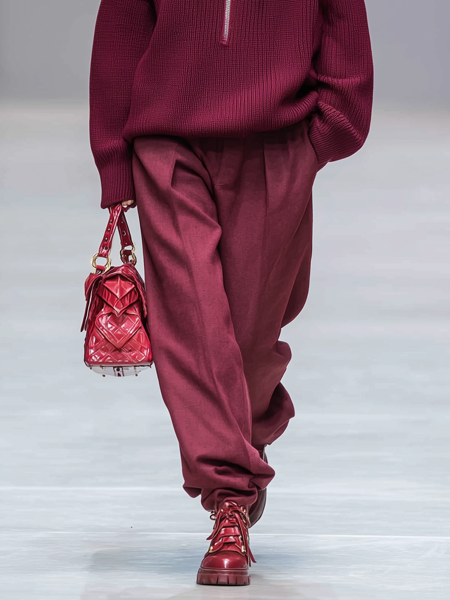 Women's Burgundy Knit Half-zip Loose Top And Straight-leg Pants Set MDA0345K8T