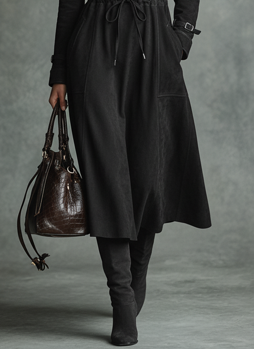 Women's Faux Suede Drawstring Zipper Lapel Midi Dress MDA2802J5Y