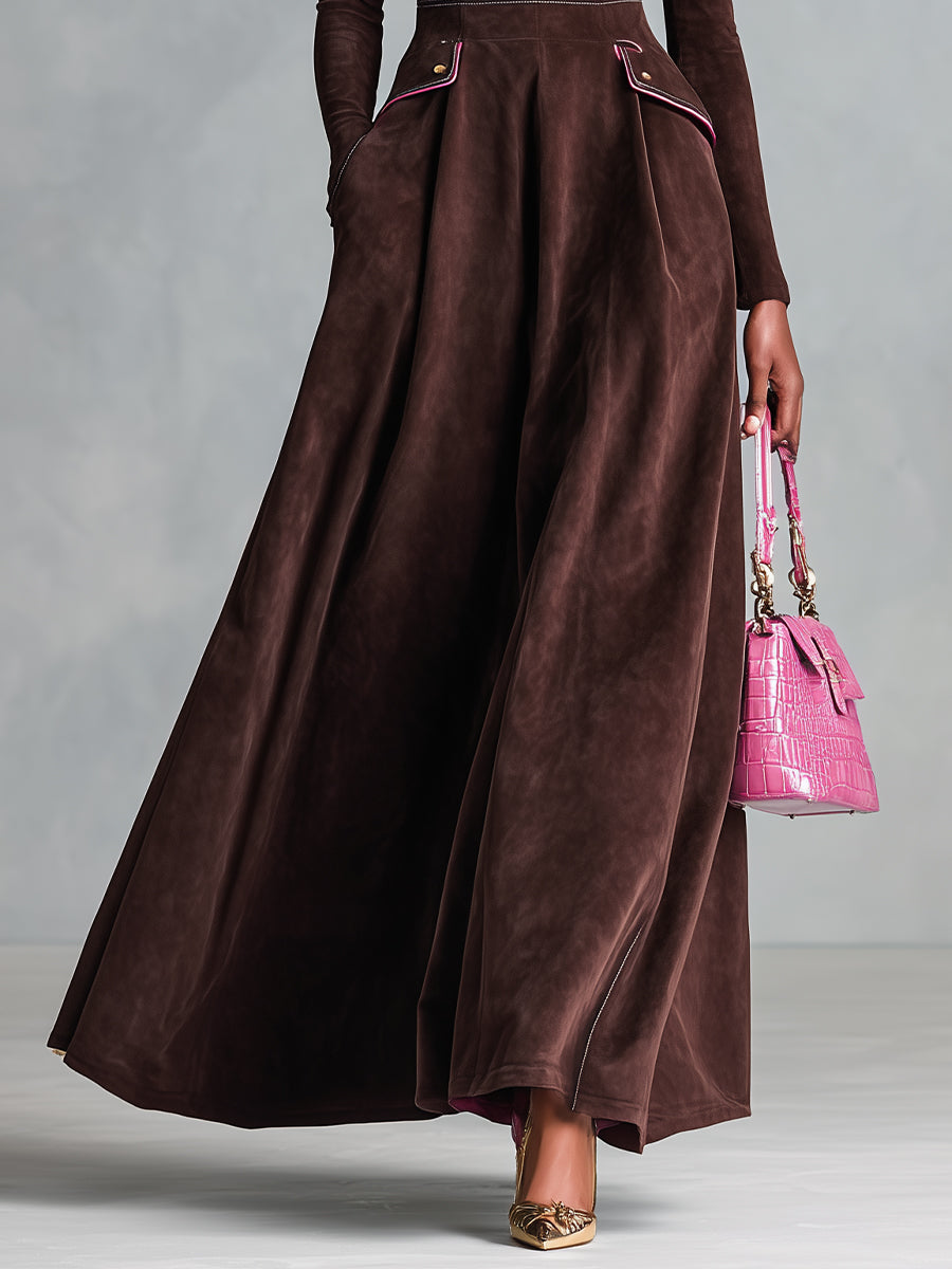 Women's Brown Elegant Suede High - Neck Pleated Maxi Dress MDA2056J4I