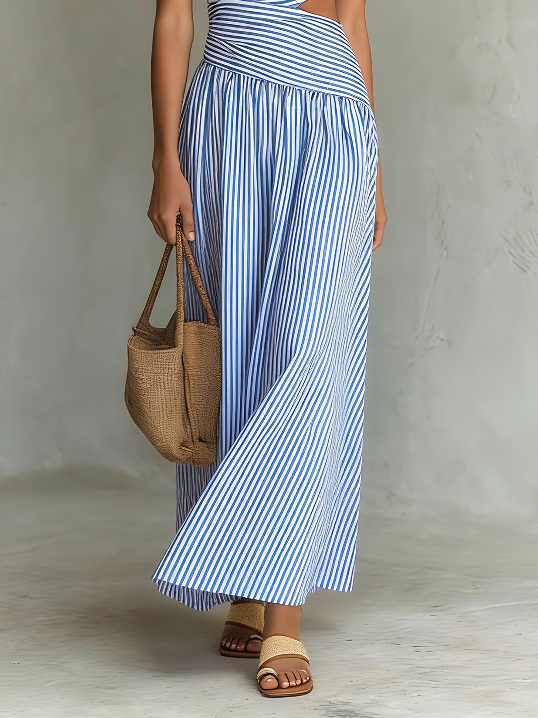 Women's Minimalist Striped Halter Neck Sleeveless Maxi Dress MDZ0306C5Y