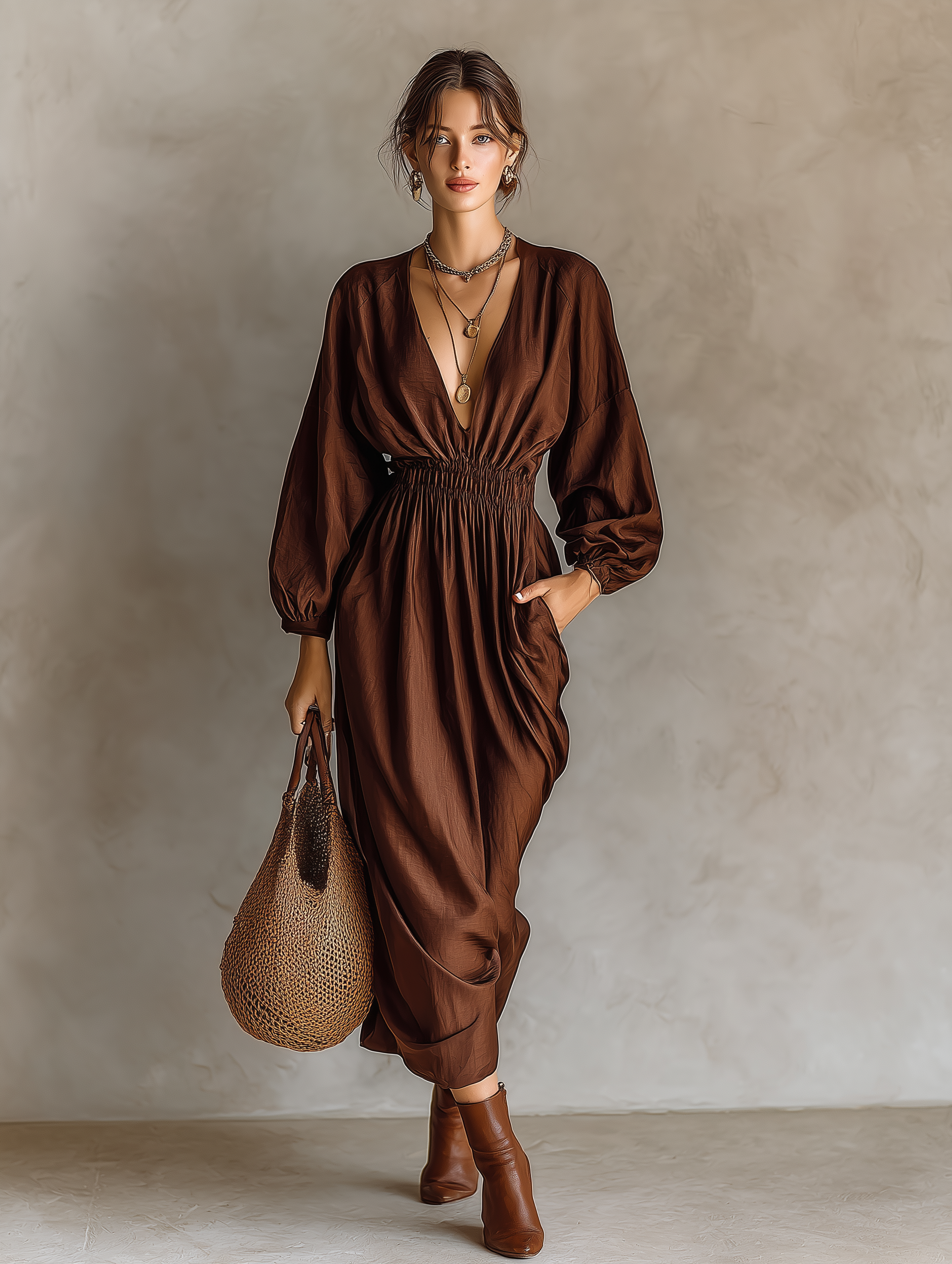 Women's Elegant Brown Satin V-neck Long-sleeved Dress With Gathered Waist MDA1816L4AN