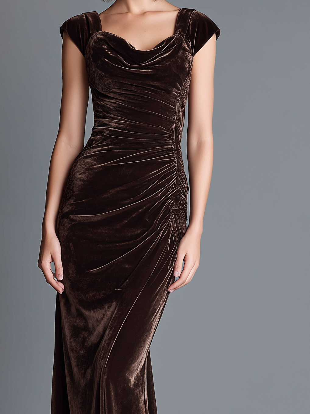 Women's Elegant And Stylish Dark Brown Short-sleeved Velvet Fitted Long Dress With Ruched Waist MDA2725K9AN