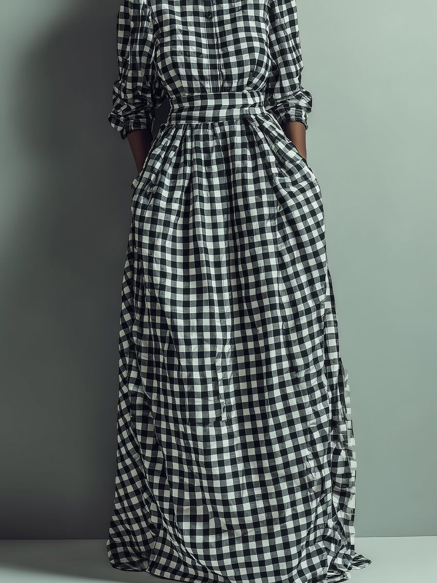 Women's Black - White Classic Cotton Gingham Button - Up Belted Maxi Dress MDA1614J3I