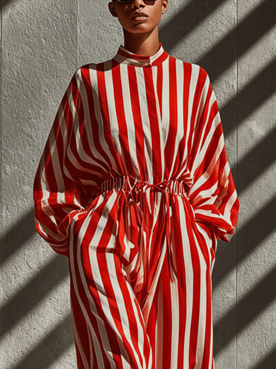 Women's Red And White Striped Cotton Fitted Loose Dress MDA2844K0T