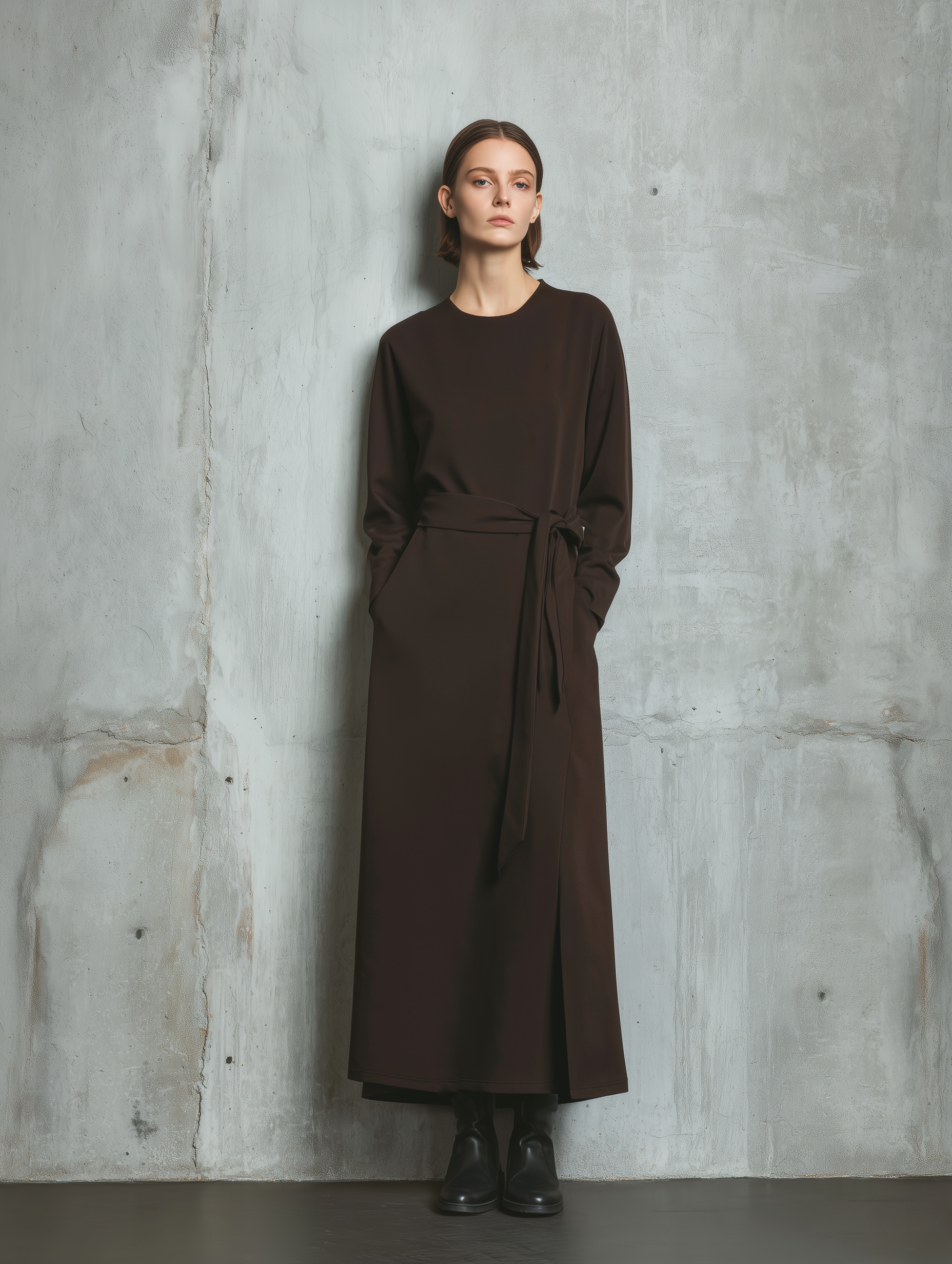 Women's Elegant Dark Brown Round-neck Woven Long-sleeved Loose-fitting Maxi Dress With Lining MDA2591L9AN