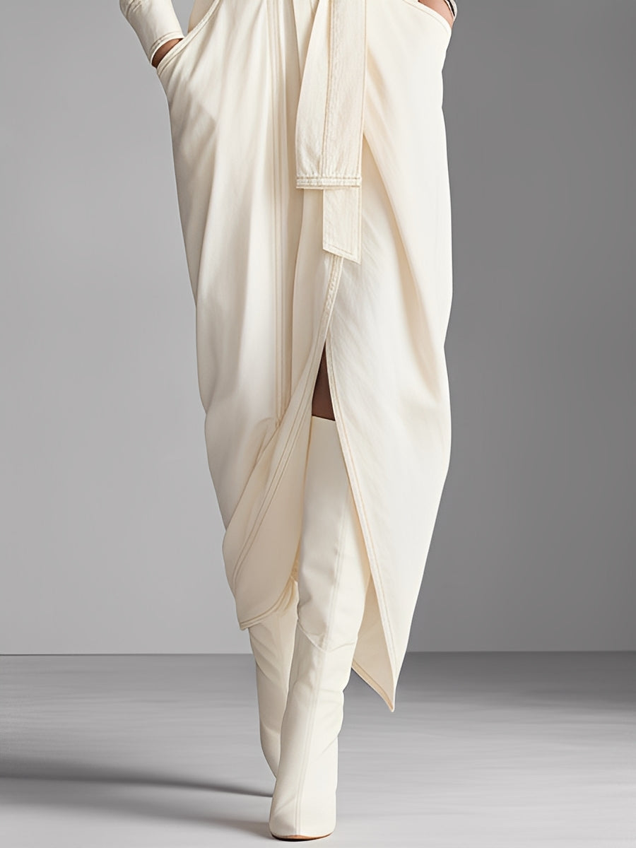 Women's Cream Cotton-Blend Set With Puff Sleeves & Tie-Front Crop Top, Modern Chic Style Set MDA1541L9I